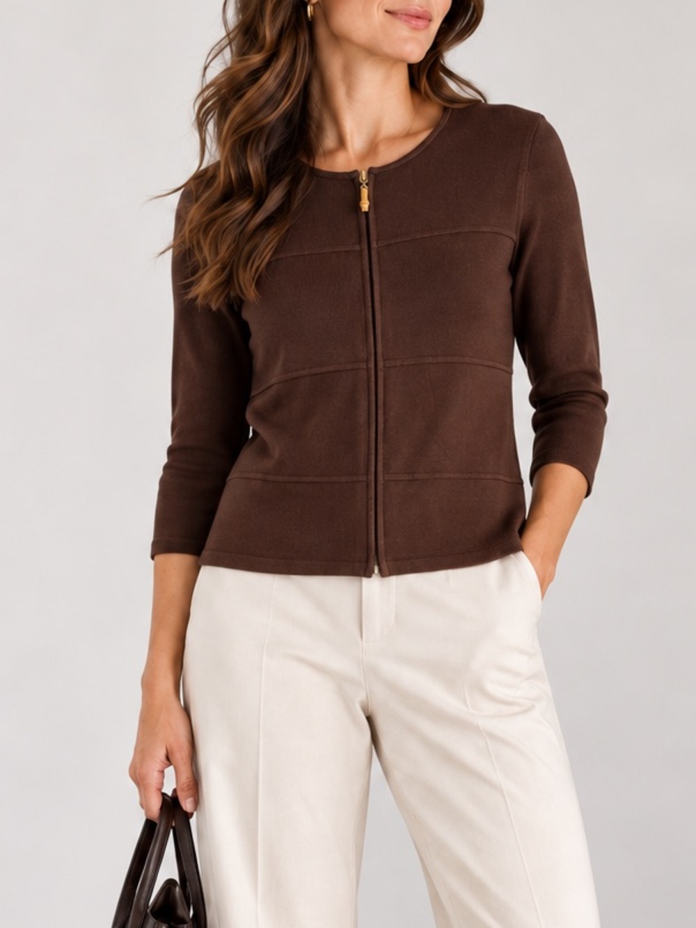 Jones New York Chocolate Brown Zip Cardigan Bamboo Pull Mercerized Cotton Career